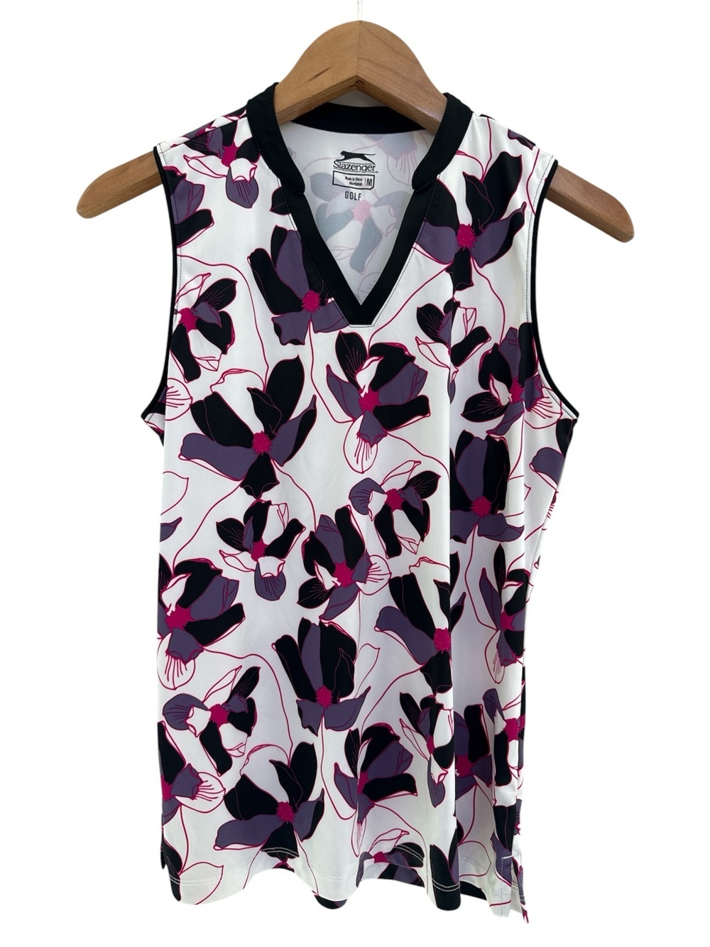 Slazenger White Floral V-Neck Sleeveless Golf Tank with Black & Purple Accents